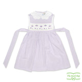 Purple Stripe Seersucker Butterfly Smocking Sleeveless Dress with Scallop Collar