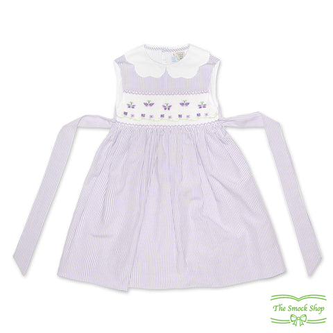 Purple Stripe Seersucker Butterfly Smocking Sleeveless Dress with Scallop Collar