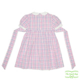 Pink Purple Seersucker Check Seahorse Smocking Short Sleeve Dress