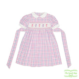 Pink Purple Seersucker Check Seahorse Smocking Short Sleeve Dress