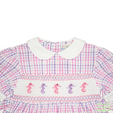 Pink Purple Seersucker Check Seahorse Smocking Short Sleeve Dress