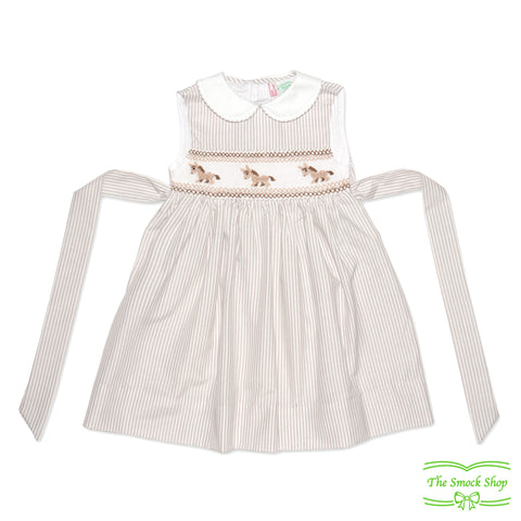 Pale Brown Stripe Donkey Smocking Sleeveless Dress