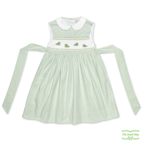 Pale Green Check Frog Smocking Sleeveless Dress