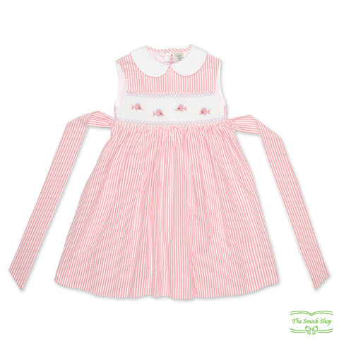 Pink Stripe Seersucker Coral Fishes Smocking Sleeveless Dress