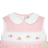 Pink Stripe Seersucker Coral Fishes Smocking Sleeveless Dress