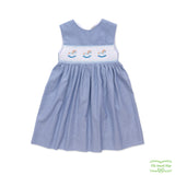 Blue Pin stripe Rocking Horse Smock V Back Dress