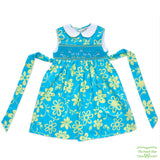 Neon Blue Floral Butterfly Smocking Sleeveless Dress