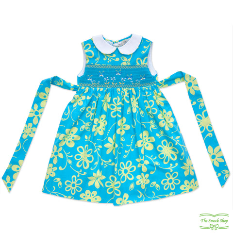 Neon Blue Floral Butterfly Smocking Sleeveless Dress