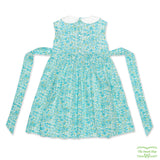 Aqua Floral Diamond Geometric & Rose Bud Smocking Sleeveless Dress