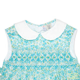 Aqua Floral Diamond Geometric & Rose Bud Smocking Sleeveless Dress