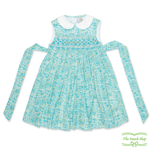 Aqua Floral Diamond Geometric & Rose Bud Smocking Sleeveless Dress