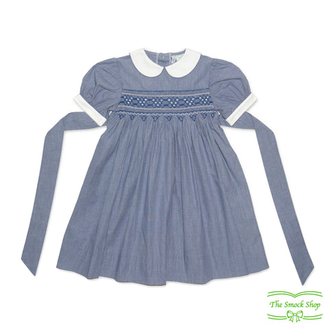 Blue Geometric Smocking Short Sleeve Dress