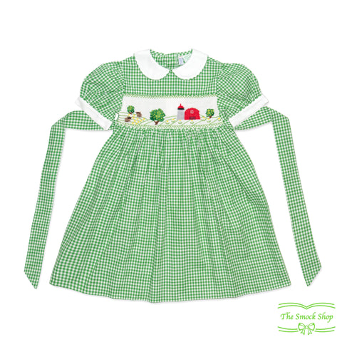 Green Gingham Check Farmland Smocking Short Sleeve Dress