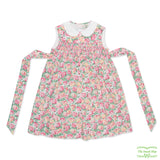 Pink & Green Carnation Floral Geometric Smocking Sleeveless Dress