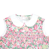 Pink & Green Carnation Floral Geometric Smocking Sleeveless Dress