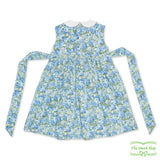 Blue & Green Carnation Floral Geometric Smocking Sleeveless Dress