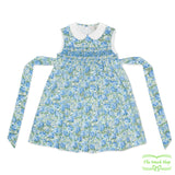 Blue & Green Carnation Floral Geometric Smocking Sleeveless Dress