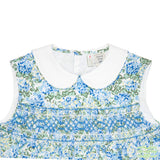 Blue & Green Carnation Floral Geometric Smocking Sleeveless Dress