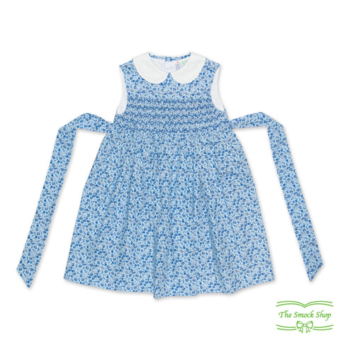 Blue Floral Geometric Smocking Sleeveless Dress