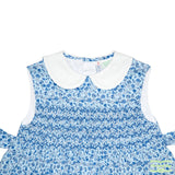 Blue Floral Geometric Smocking Sleeveless Dress