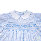 Pale Blue Geometric Pattern Print Geometric Smocking Short Sleeve Dress