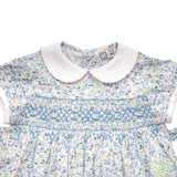 Blue Floral Geometric Smocking Short Sleeve Dress