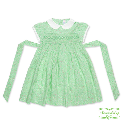 Pale Green Floral Geometric Smocking Short Sleeve Dress