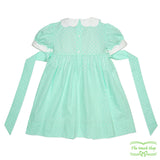 Green Polka Dot Rose Bud Smocking Short Sleeve Dress with Scallop Collar