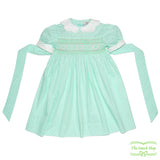 Green Polka Dot Rose Bud Smocking Short Sleeve Dress with Scallop Collar