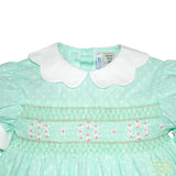 Green Polka Dot Rose Bud Smocking Short Sleeve Dress with Scallop Collar