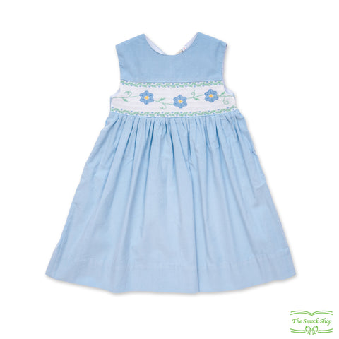 Blue Corduroy Morning Glory Smocking Sleeveless V Back Dress