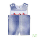 Blue Check Construction Vehicle Smocking Overall