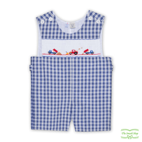 Blue Check Construction Vehicle Smocking Overall