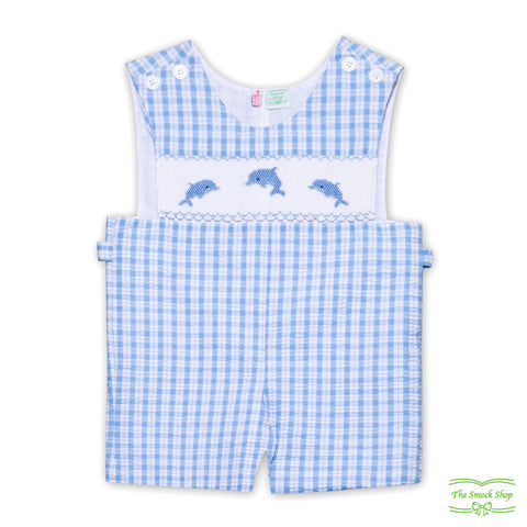 Blue Seersucker Jumping Dolphin Smocking Overall