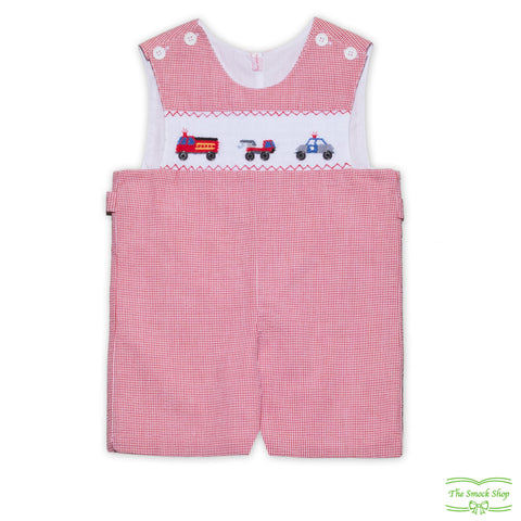 Red Check Seersucker Emergency Vehicle Smocking Overall