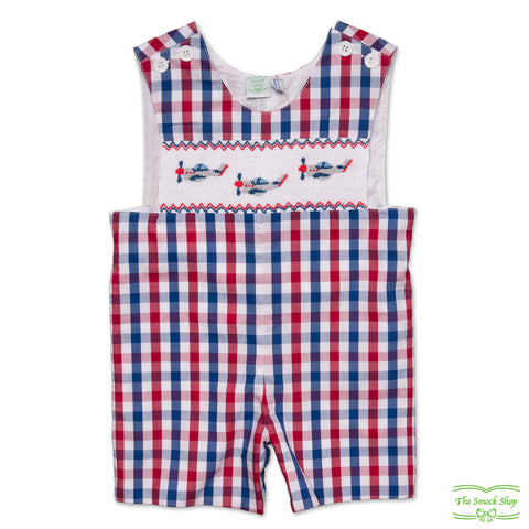 Red Blue Check Aeroplane Smocking Overall