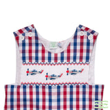 Red Blue Check Aeroplane Smocking Overall