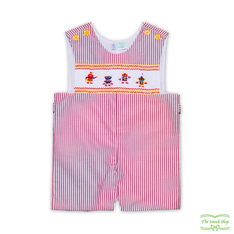 Red Stripe Retro Robots Smocking Overall