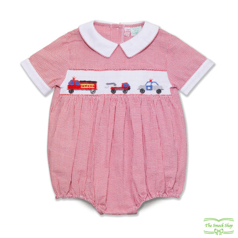 Red Seersucker Emergent Vehicle Smocking Romper