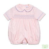 Pale Blue Geometric Smocking Pink Cotton Romper