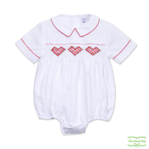 White Pique with Red Flowers Geometric Smocking Romper