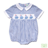 Blue Stripe Sailboat Smocking Short Sleeve Romper