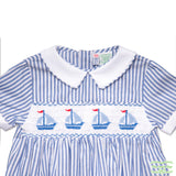 Blue Stripe Sailboat Smocking Short Sleeve Romper