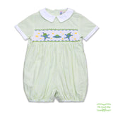 Green Seersucker Stripe Alien & UFO smocking Boy Romper