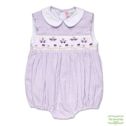 Purple Stripe Seersucker Butterfly Smocking Sleeveless Romper