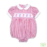 Pink Seersucker Check Sea Horse Smocking Girls Romper