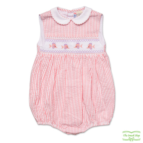 Pink Stripe Seersucker Fish Smocking Sleeveless Romper