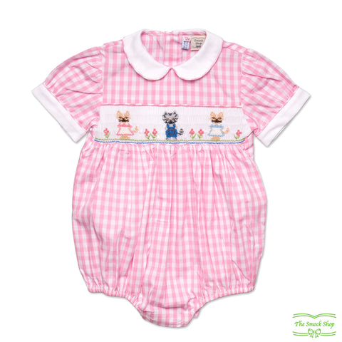 Pink Gingham Kitten Smocking Short Sleeve Romper