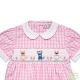 Pink Gingham Kitten Smocking Short Sleeve Romper