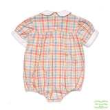 Multi-Colour Check Crab Smocking Short Sleeve Romper